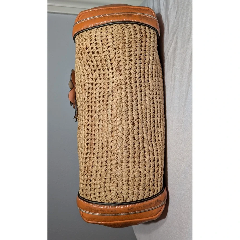 Coach Madison Straw Tote Flower Applique Natural & Orange Raffia Silver Studded
